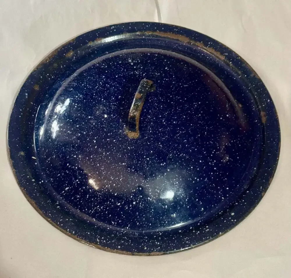 Vintage Blue and White Speckled Enamelware Pan Lid: 14”; see photos